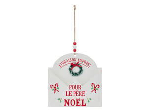 Suspension de sapin lettre père noël en bois rouge et blanc 16 cm