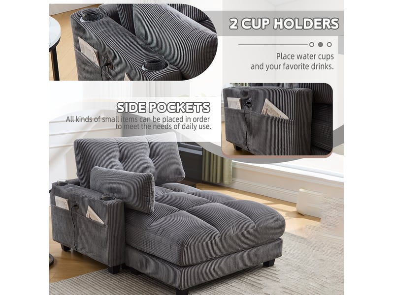 Fauteuil relax 1 place en velours côtelé gris avec usb, porte-gobelets et poche latérale pour se détendre - Conforama D