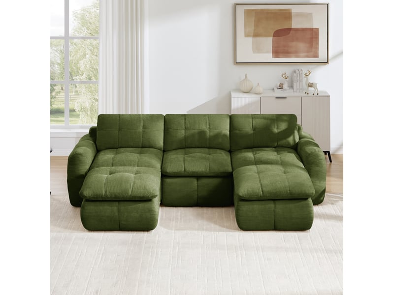  Canapé modulable en u 3 places sans cadre avec 2 poufs, mousse 32d, sans montage, en chenille vert  - Conforama B