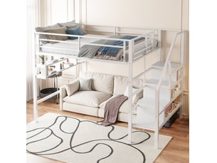Lit mezzanine ulevr 140 x 200 cm avec étagères, escalier de rangement, garde-corps, métal et mdf, blanc