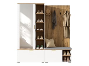 Meuble d'entrée 160x38x180cm avec banc rembourré, meuble à chaussures à abattants, miroir, tringle extensible et 4 patères, blanc et naturel