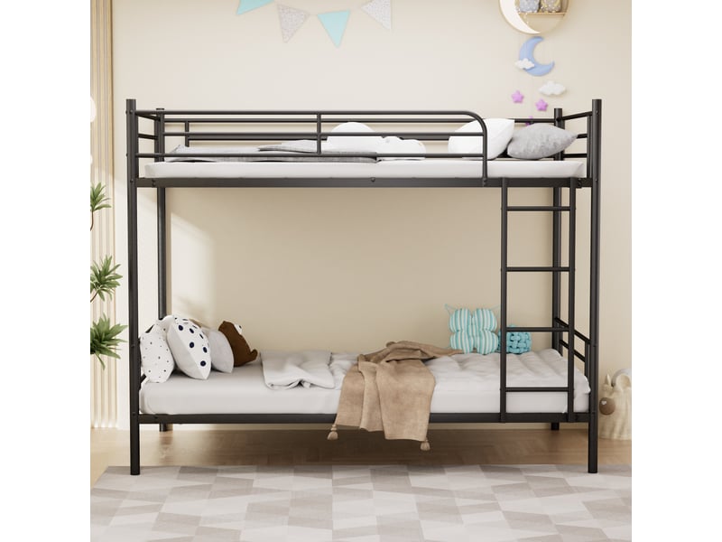 Lit superposé 90x190 cm, structure métallique, coloris noir, escalier sécurisé, garde-corps, conception fonctionnelle, gain de place optimisé - Conforama D