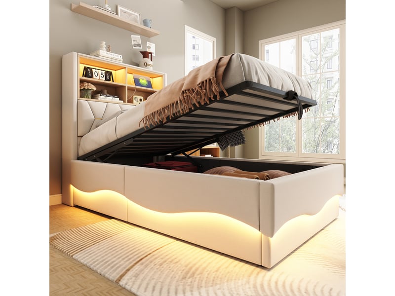  Lit coffre rembourré 90 x 200 cm, coffre à relevage hydraulique, éclairage led, commande par application, ports usb, tissu effet lin, beige ABC - Conforama D