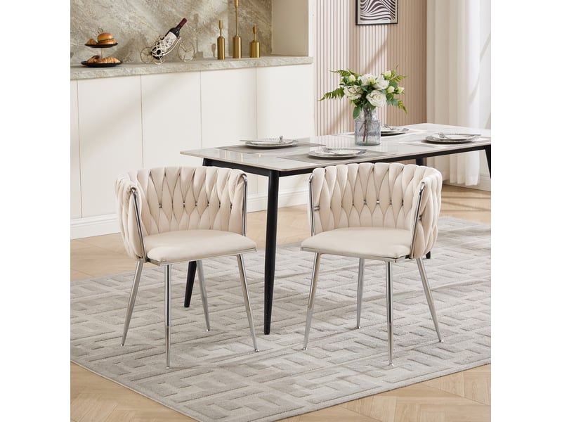  Lot de 2 chaises de salle à manger modernes en tissu beige avec structure métallique argentée  - Conforama D