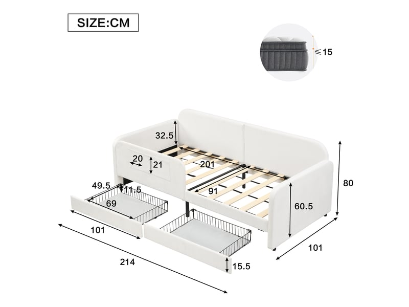  Lit avec rangement rembourré 90x200cm coloris blanc velours lit enfant blanc - Conforama C