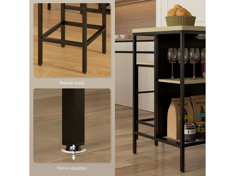  Ensemble table de bar et 2 tabourets style industriel avec étagère de rangement, repose-pieds, métal noir et aspect bois  - Conforama W