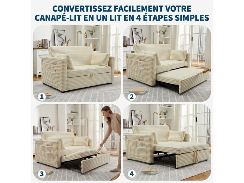 Canapé-lit convertible à tirer avec dossier réglable – ivoire PHK_35XRC70R - Conforama E
