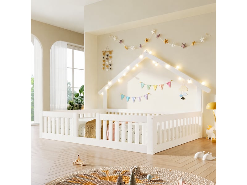  Lit cabane enfant 140 x 200 cm avec barrières de sécurité et guirlande led, blanc  - Conforama B