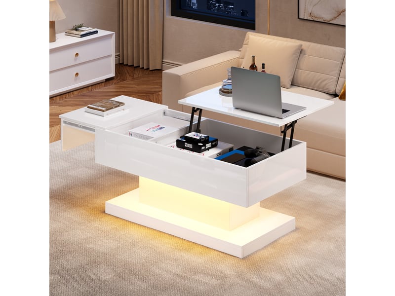  Table basse relevable blanche avec led 100x50x45 cm - plateau coulissant et rangement intégré  - Conforama E
