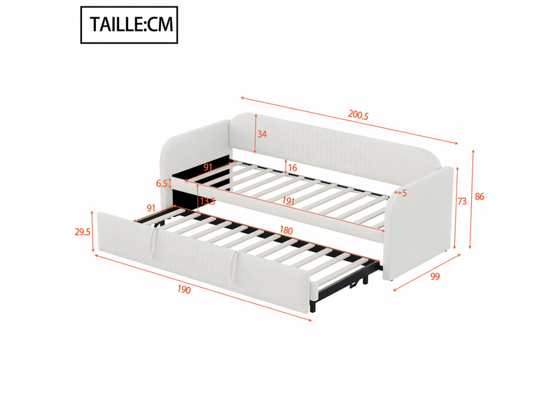  Lit banquette extensible 1 ou 2 places, 90x190 cm et 180x190 cm, en tissu de lin beige, sans matelas  - Conforama D