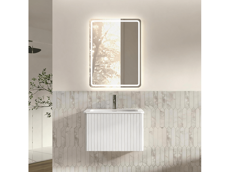 Meuble vasque mural blanc 61 cm avec tiroir strié, miroir led réglable anti-buée 60 x 80 cm, livré prémonté - Conforama B