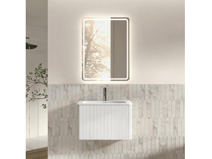 Meuble vasque mural blanc 61 cm avec tiroir strié, miroir led réglable anti-buée 60 x 80 cm, livré prémonté
