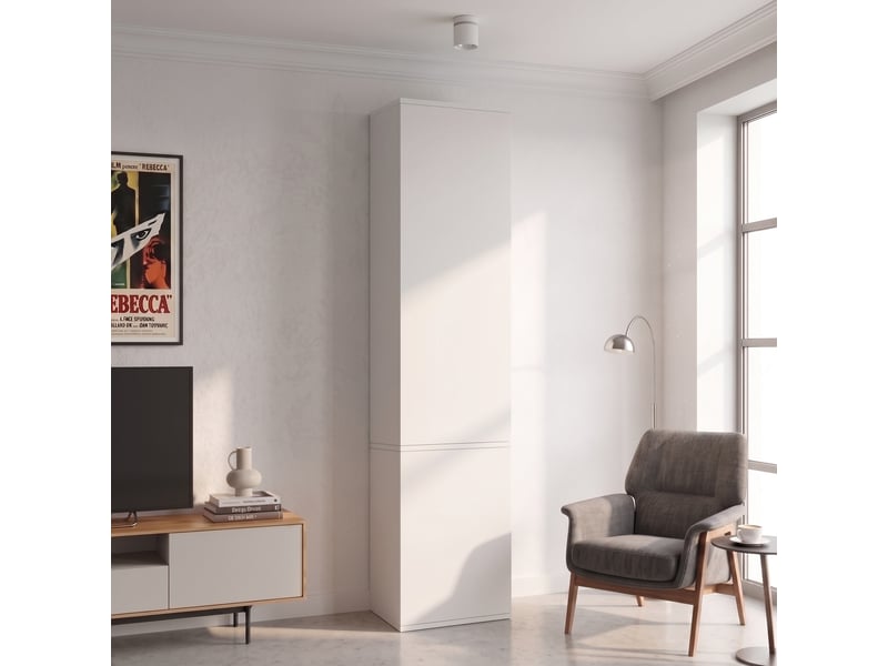  Armoire haute 47x50x200 cm avec 2 portes battantes, 6 compartiments fermés, grand rangement, mdf blanc, pour chambre, salle de bain et salon  - Conforama C