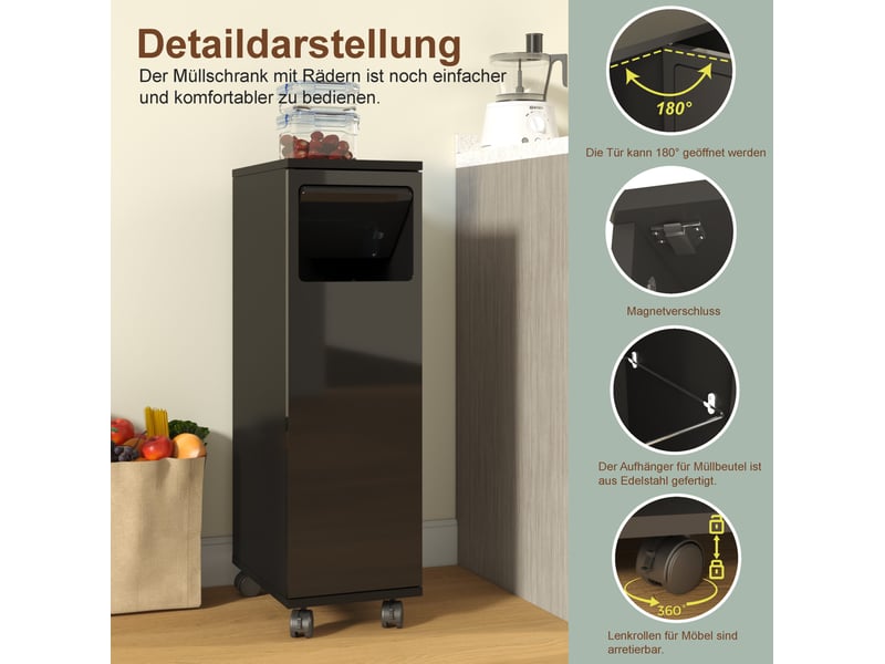  Meuble poubelle roulant 24,2 x 35,1 x 80,2 cm noir brillant mdf, porte à ouverture 180 degrés  - Conforama D