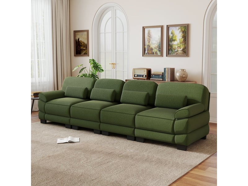  Canapé modulable 4 places, tissu cord doux et agréable, coussins lombaires, salon, connecteurs pour structure stable, vert  - Conforama B