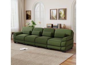 Canapé modulable 4 places, tissu cord doux et agréable, coussins lombaires, salon, connecteurs pour structure stable, vert