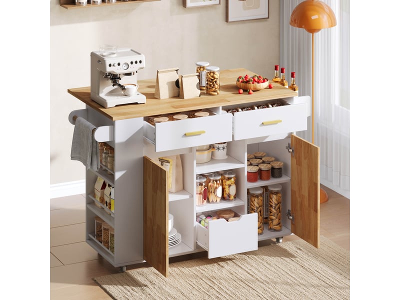  Îlot de cuisine mobile avec plan de travail rabattable, chariot de cuisine en mdf avec 3 grands tiroirs et roulettes verrouillables, 120x71x90cm  - Conforama D