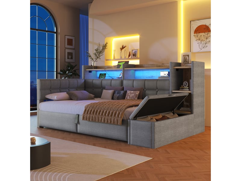 Canapé-lit 90x200 cm, lit enfant, couchage d'appoint, rangement hydraulique, led, velours gris foncé, usb et usb-c  - Conforama E