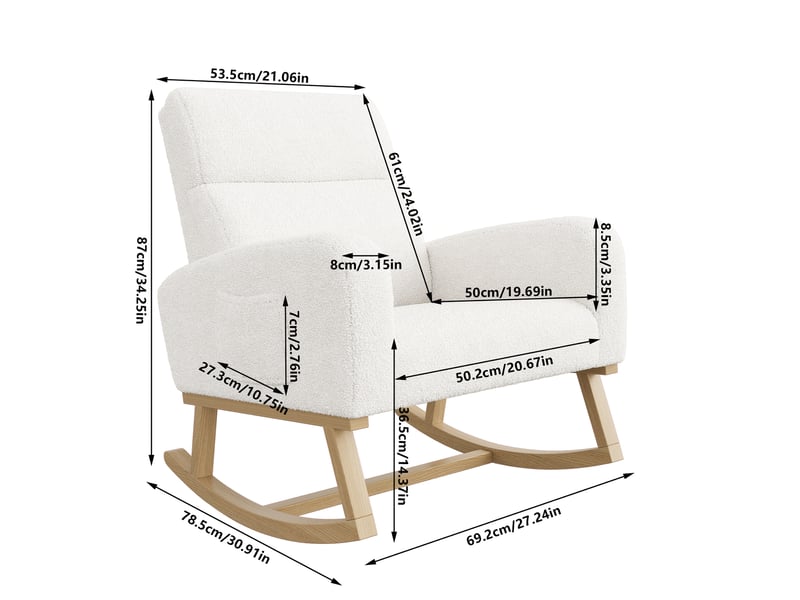 Fauteuil à bascule - 69,2 x 78,5 x 87 cm - blanc - en tissu bouclette - chaise à bascule confortable avec pieds en bois  - Conforama B