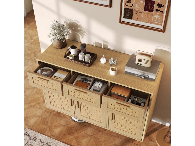 Buffet bahut - 3 tiroirs 3 portes - 107.9 x 40 x 80 cm - rotin tressé - style scandinave - rangement salon cuisine - en chêne - Conforama C