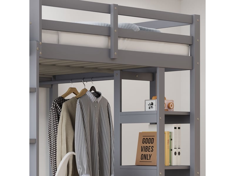  Lit mezzanine 140x200cm avec bureau et étagères, lit double -  échelle - pendeuse simple - ponction de rangement - gris  - Conforama D