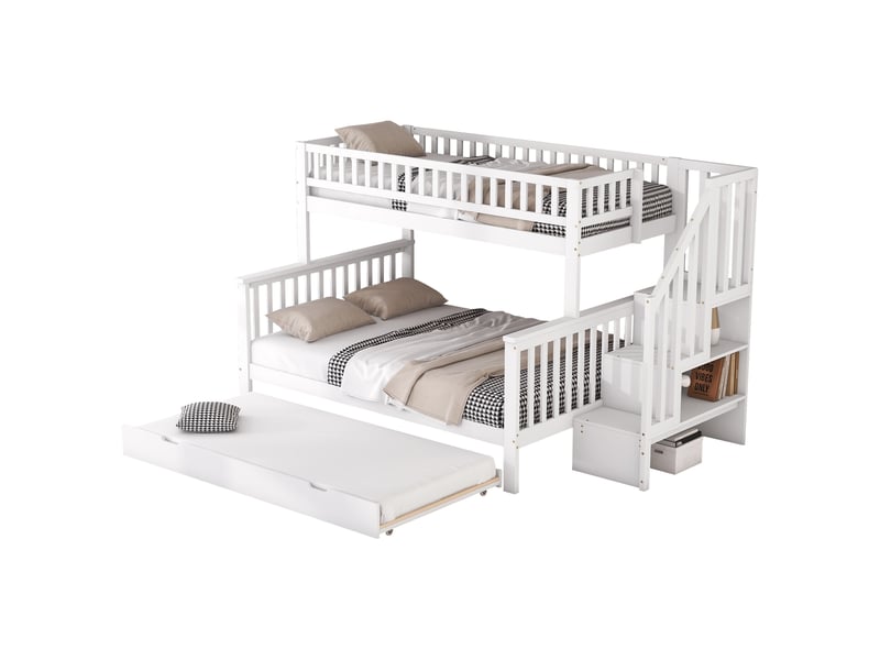  Lit superposé enfant avec escalier et rangements, lit gigogne, pin massif et mdf blanc, 90 x 200 et 140 x 200 cm  - Conforama A