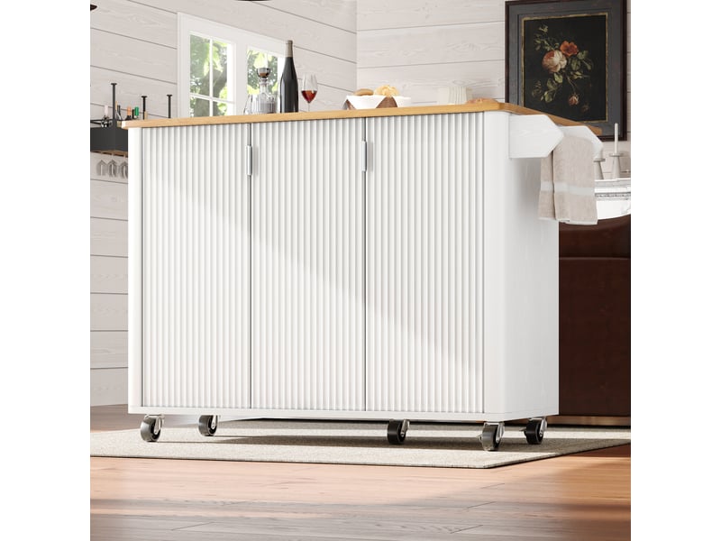 Îlot de cuisine mobile avec plateau pliant, desserte sur roulettes avec 3 portes et étagères réglables, meuble de rangement blanc 130cm - Conforama B