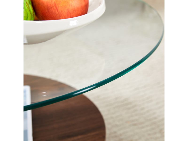  Table basse à plusieurs niveaux en verre trempé et mdf, décor noyer, longueur 90 cm  - Conforama R