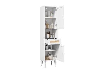 Armoire de salle de bain avec 2 portes réversibles, tiroir et niche, fermeture douce, blanche 40 × 30 × 166 cm