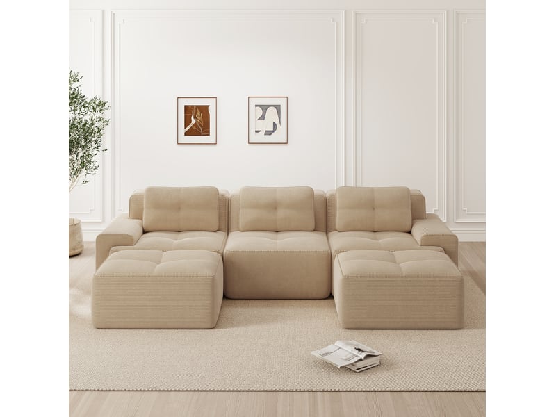  Canapé modulable 3 places en velours côtelé beige en u avec ottomans, confort profond et sans montage  - Conforama E