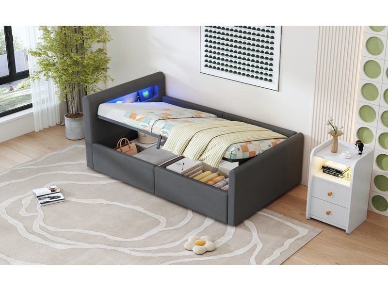  Lit enfant 90x200 cm gris foncé velours avec led lumière nuit port usb rangement hydraulique sommier lattes Sol Morn - Conforama D