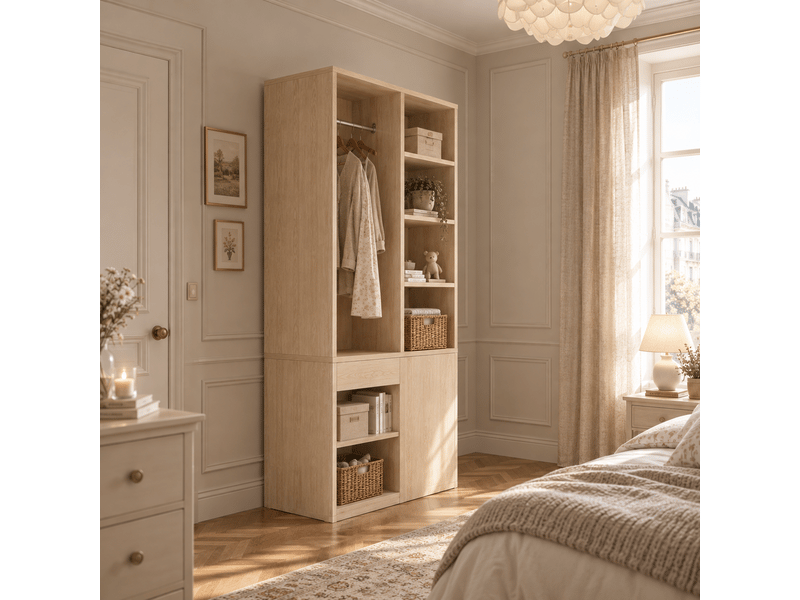  Armoire 70x50x170 cm coloris bois avec penderie, 4 tiroirs et rangements  - Conforama E