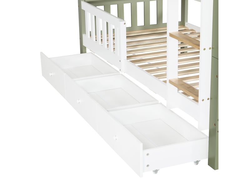  Lit superposé enfant 90 x 200 cm blanc et vert, avec 3 tiroirs, étagère latérale et échelle en bois  - Conforama E