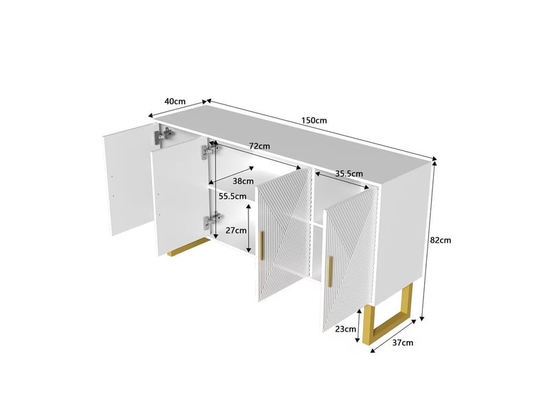  Buffet bas 4 portes blanc haute brillance, portes texturées, poignées dorées, étagères réglables, 150 x 40 x 82 cm  - Conforama E