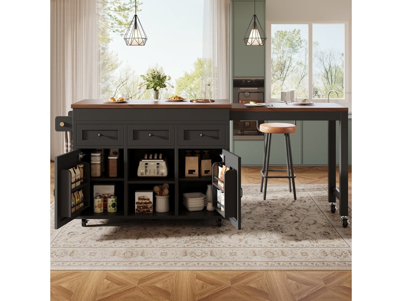  Îlot de cuisine table bar 131-210cm - pivotant 360° - tiroirs - placards - noir Bubbly Shop - Conforama E