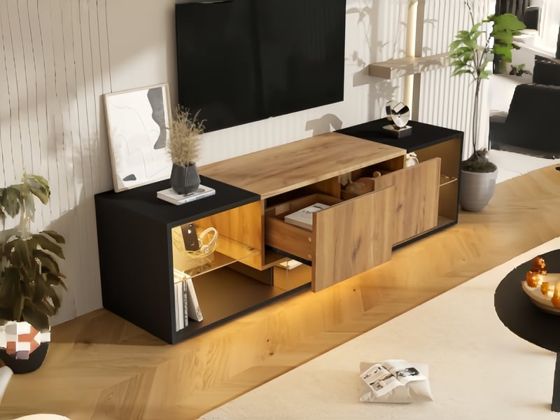 Meuble TV à 3 niveaux 160 cm, avec cloisons en verre et 2 tiroirs de rangement pour téléviseurs jusqu'à 70 pouces, bois foncé  - Conforama B