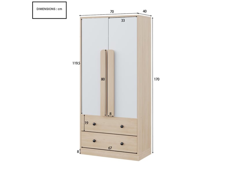 Armoire 2 portes 2 tiroirs coloris naturel et blanc 70 x 40 x 170 cm LDT00307AAN - Conforama C