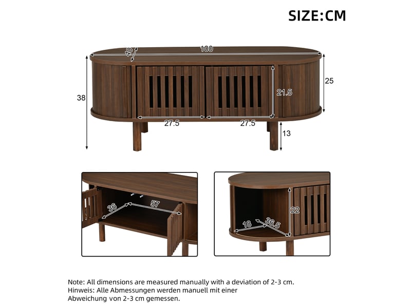  Table basse ovale 100x40x38 cm avec 2 portes à lames, porte coulissante, mdf coloris noyer  - Conforama E