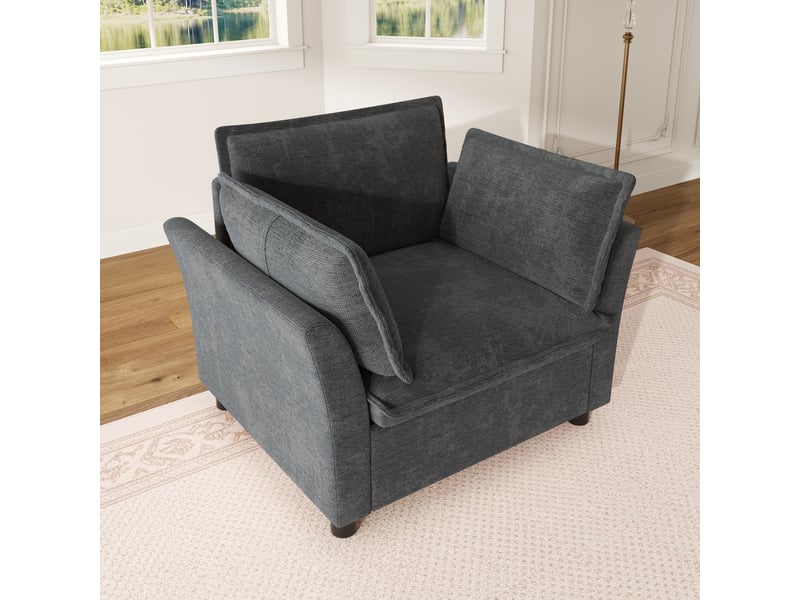 Fauteuil lounge avec accoudoirs ergonomiques et 2 coussins, assise confortable en chenille gris, 90 × 81 × 87 cm - Conforama C