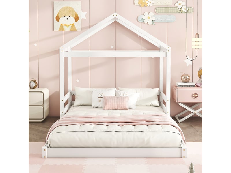  Lit enfant maison 140x200 cm avec sommier à lattes, blanc  - Conforama D