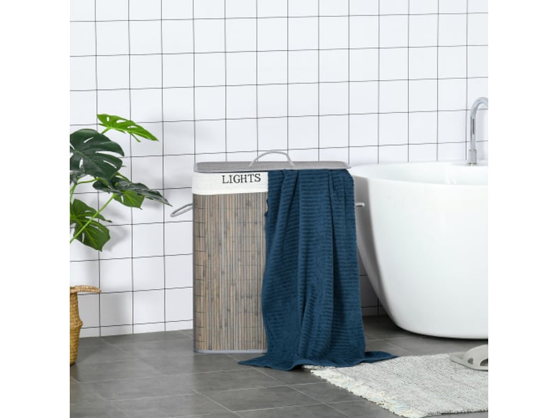  Panier à linge en bambou gris 100 l, 2 compartiments, couvercle pliable, sac amovible lavable et poignée  - Conforama E