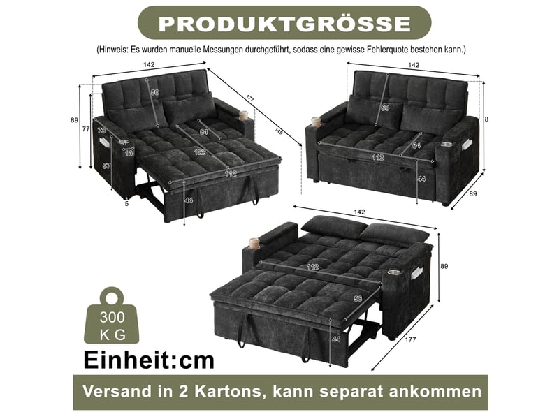 Canapé 2 places 3-en-1, canapé convertible 142x89x89 cm en chenille noire avec rangement - Conforama C