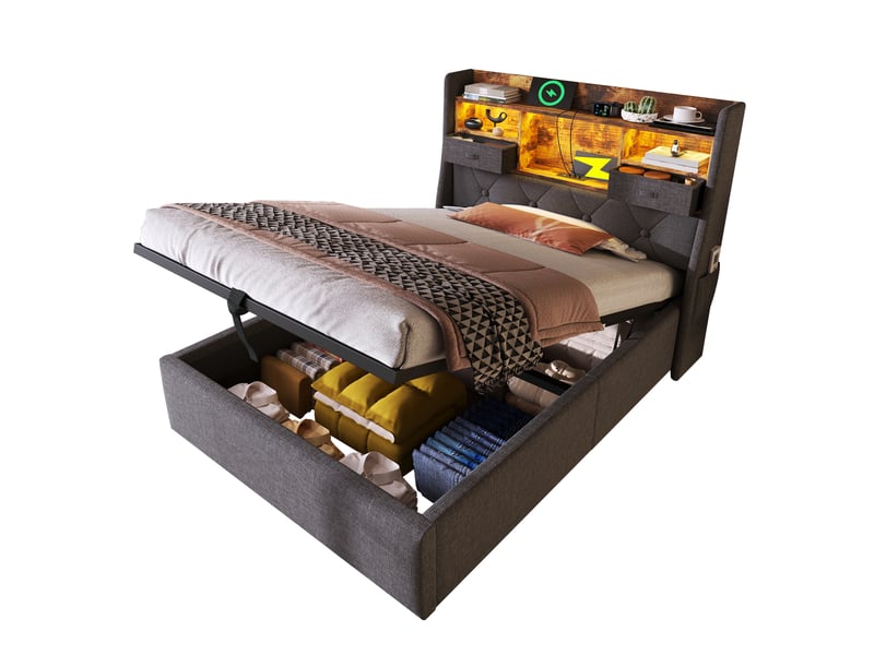 Lit coffre simple 90×200 cm led réglable, rangement, usb et type-c - sans matelas, tissu en lin gris - Conforama A