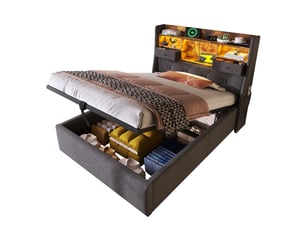 Lit coffre simple 90×200 cm led réglable, rangement, usb et type-c - sans matelas, tissu en lin gris
