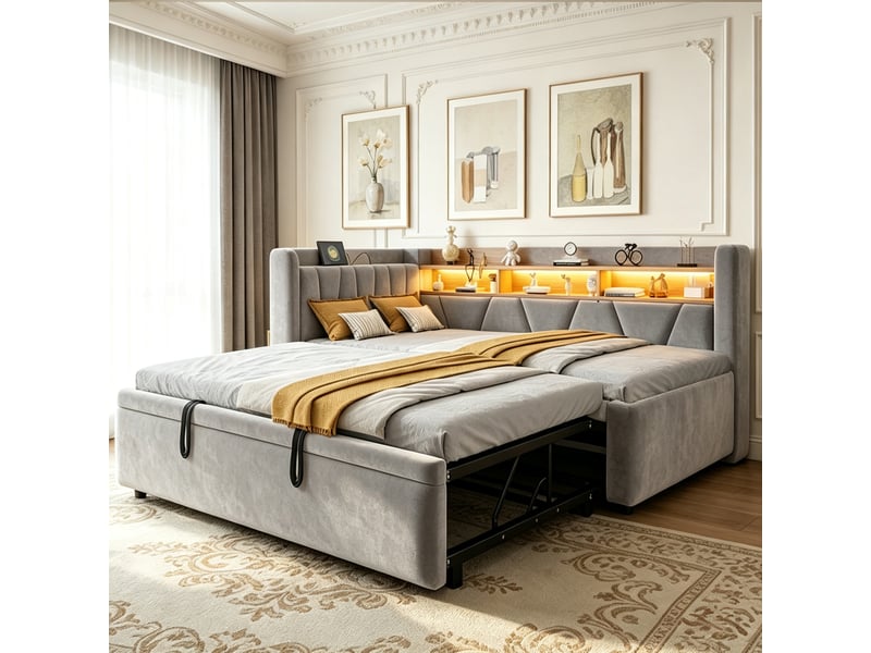  Lit banquette extensible 90 à 180 × 200 cm en velours gris, usb et led IKSETERA TRADING LTD - Conforama E