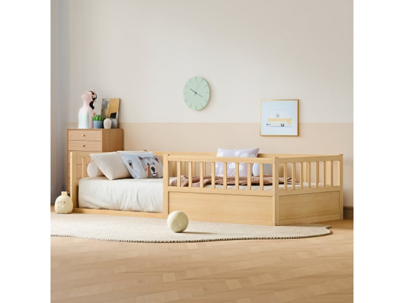  Lit enfant 90x200 cm en pin massif naturel avec barrière de sécurité et sommier style montessori  - Conforama B