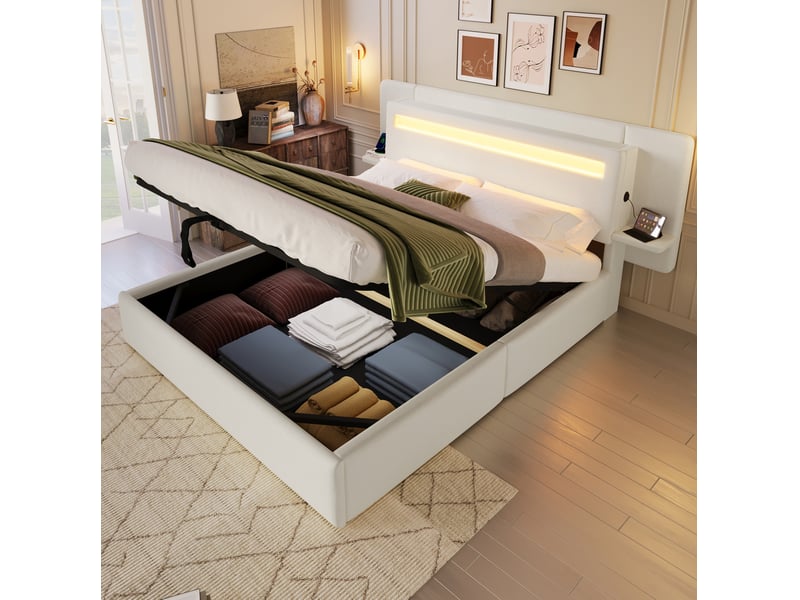  Lit coffre modenvie 140 x 200 cm avec rangement hydraulique, tête de lit led multicolore, table de chevet intégrée et usb, beige  - Conforama B