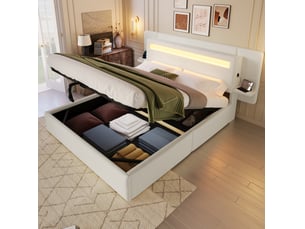 Lit coffre modenvie 140 x 200 cm avec rangement hydraulique, tête de lit led multicolore, table de chevet intégrée et usb, beige