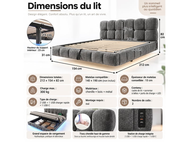 Lit double rembourré 140x190 cm effet suspendu, design nuage, rangement hydraulique, led, usbtype-c, chenille gris, sans matelas Fay Lum - Conforama C