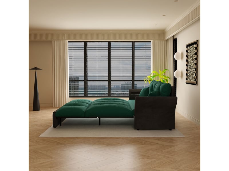  Canapé velours 190 cm 190 cm velours vert fonction convertible 3-en-1 fonction couchage capitonnage 2 coussins moelleux inclus  - Conforama B